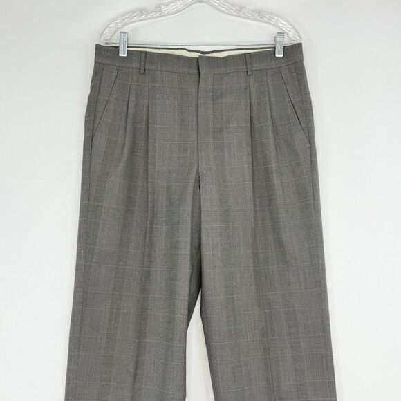Mens Gray Plaid Pleated Cuffed Wool Dress Pants Size 34 X 32 - Picture 7 of 15